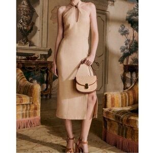 Sezane Beige Halter Midi Dress with Keyhole and Side Slit
